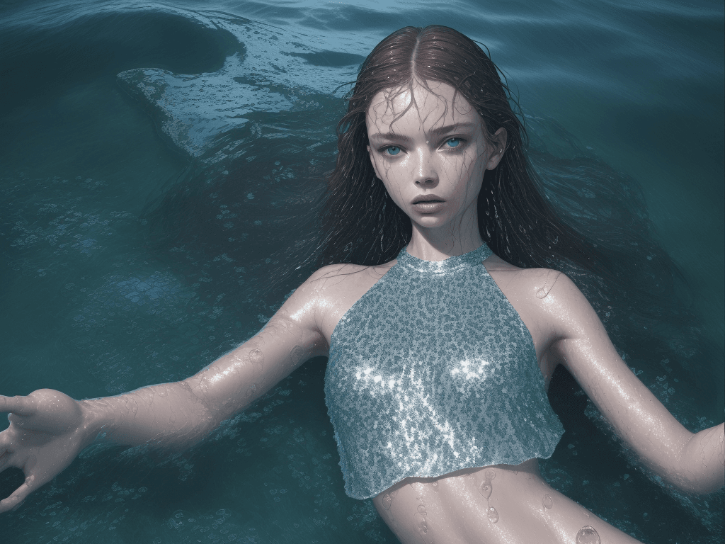 AI generated: photo of a woman in the water, mert and marcus, drops, kristine froseth, carola rubio, sequin top, f...
