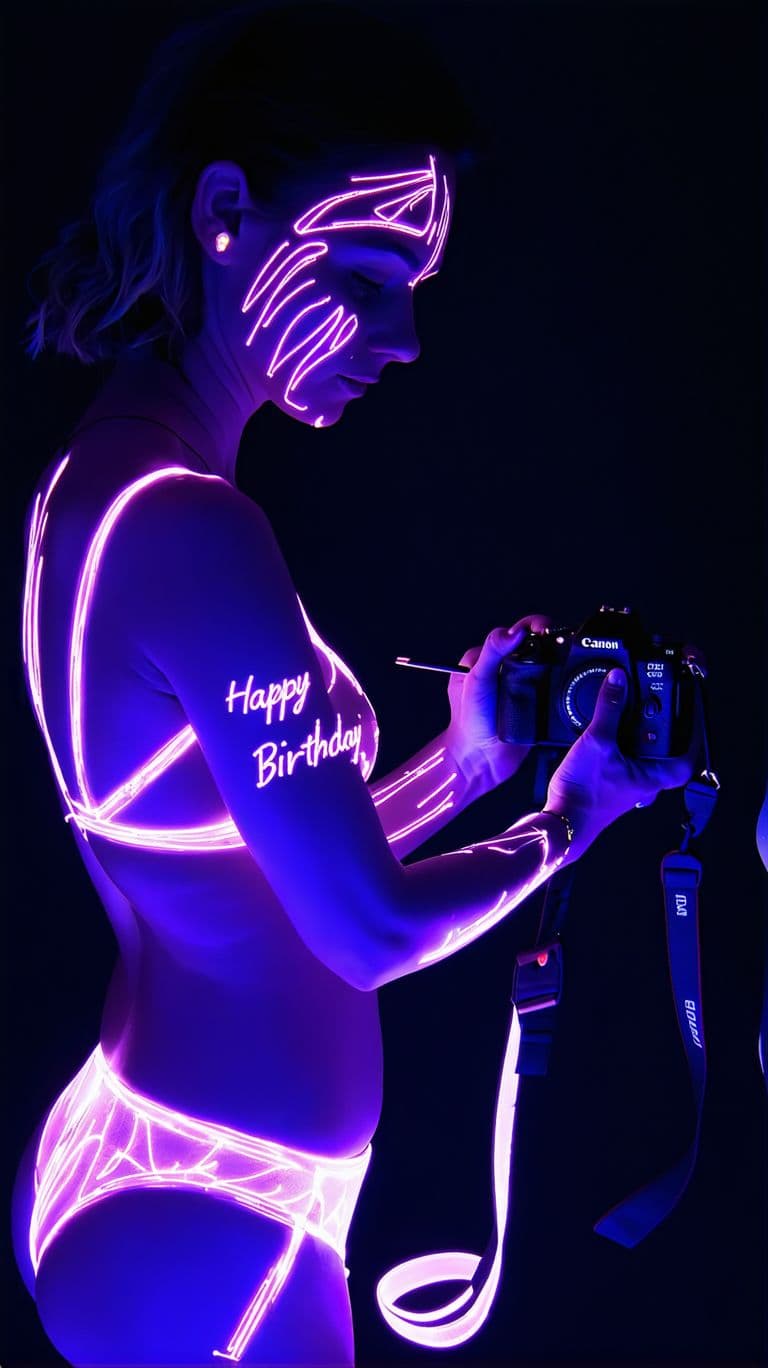 AI generated: A photorealistic scene of a woman in bright neon underwear being painted with bright neon body paint...