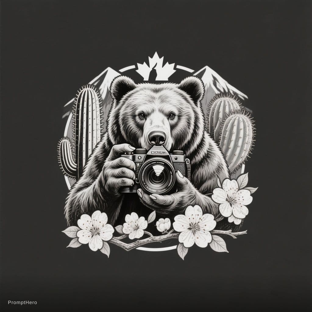 AI generated: Extremely simple Black and white Line drawing logo of tough bear taking picture with camera includin...