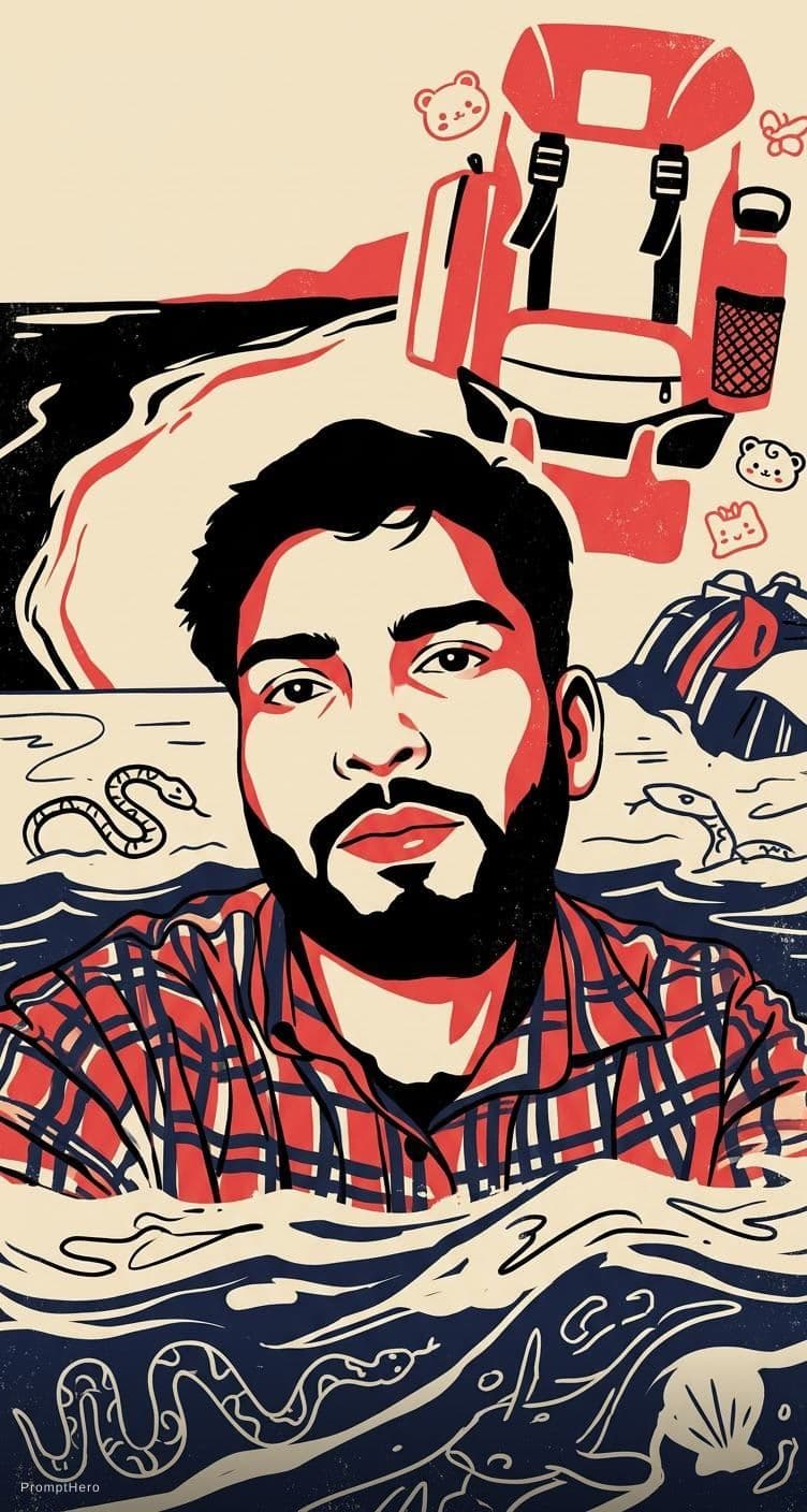 AI generated: a man in the ocean, in the style of light beige and red, hikecore, bold graphic style, babycore, dau...