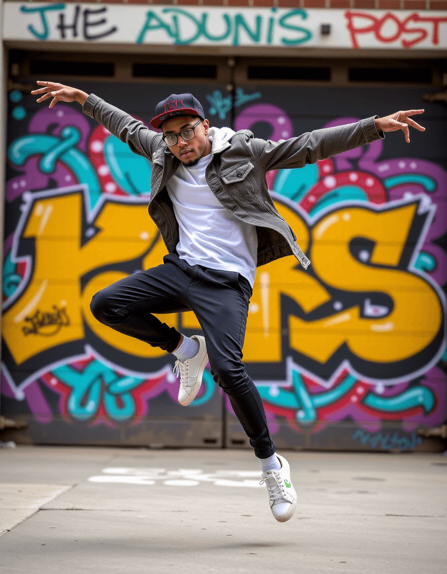 AI generated: "A confident street dancer in dynamic pose, mid-air, graffiti art background, vibrant urban energy, ...
