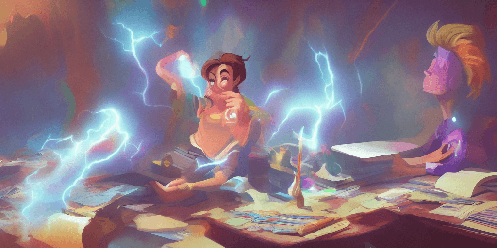 AI generated: a young boyand brown hair is standing at his desk working on a new spell allone
, colorful, flowing ...