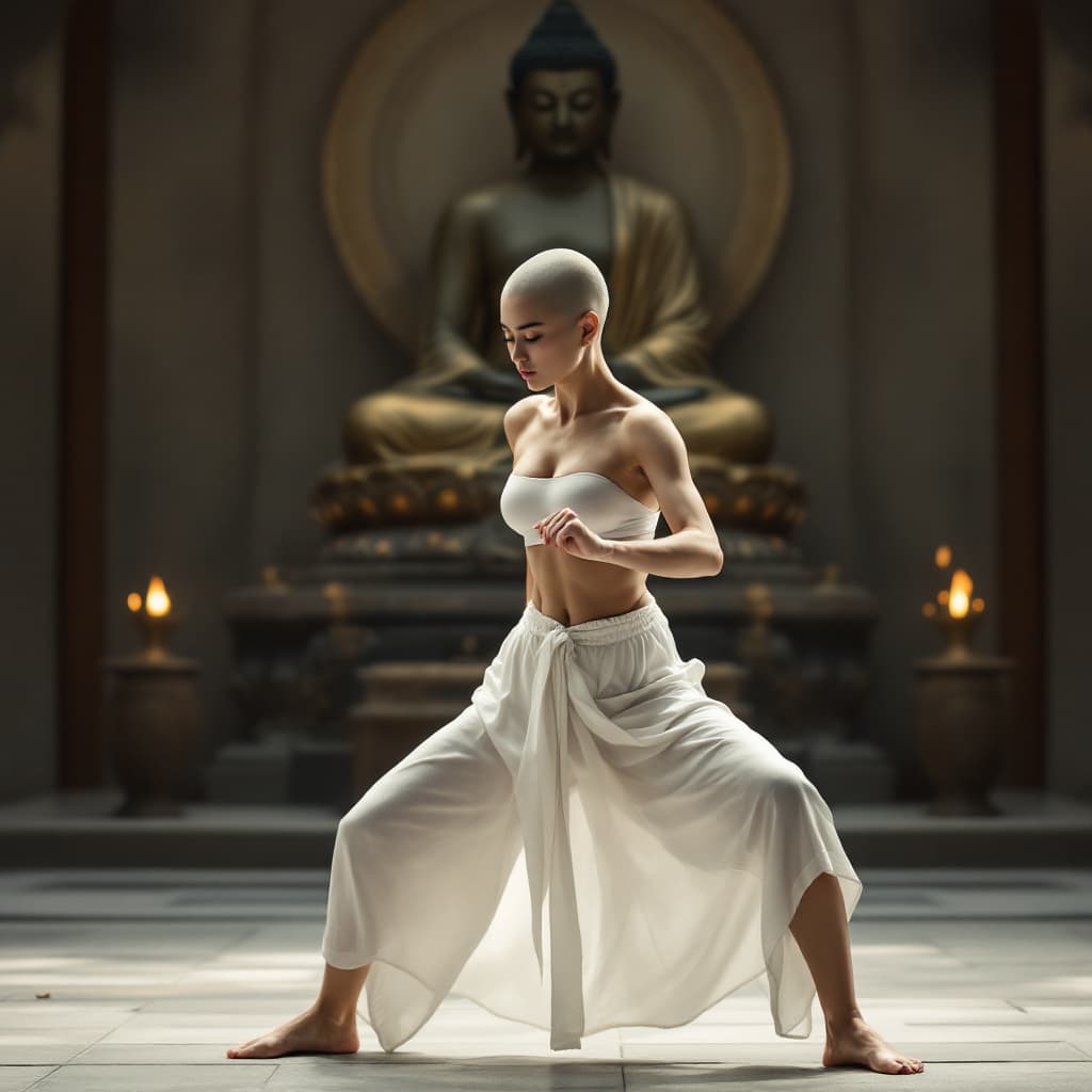 AI generated: Full body view of a bald beautiful asian woman, white minimal band covering the chest, white minimal...