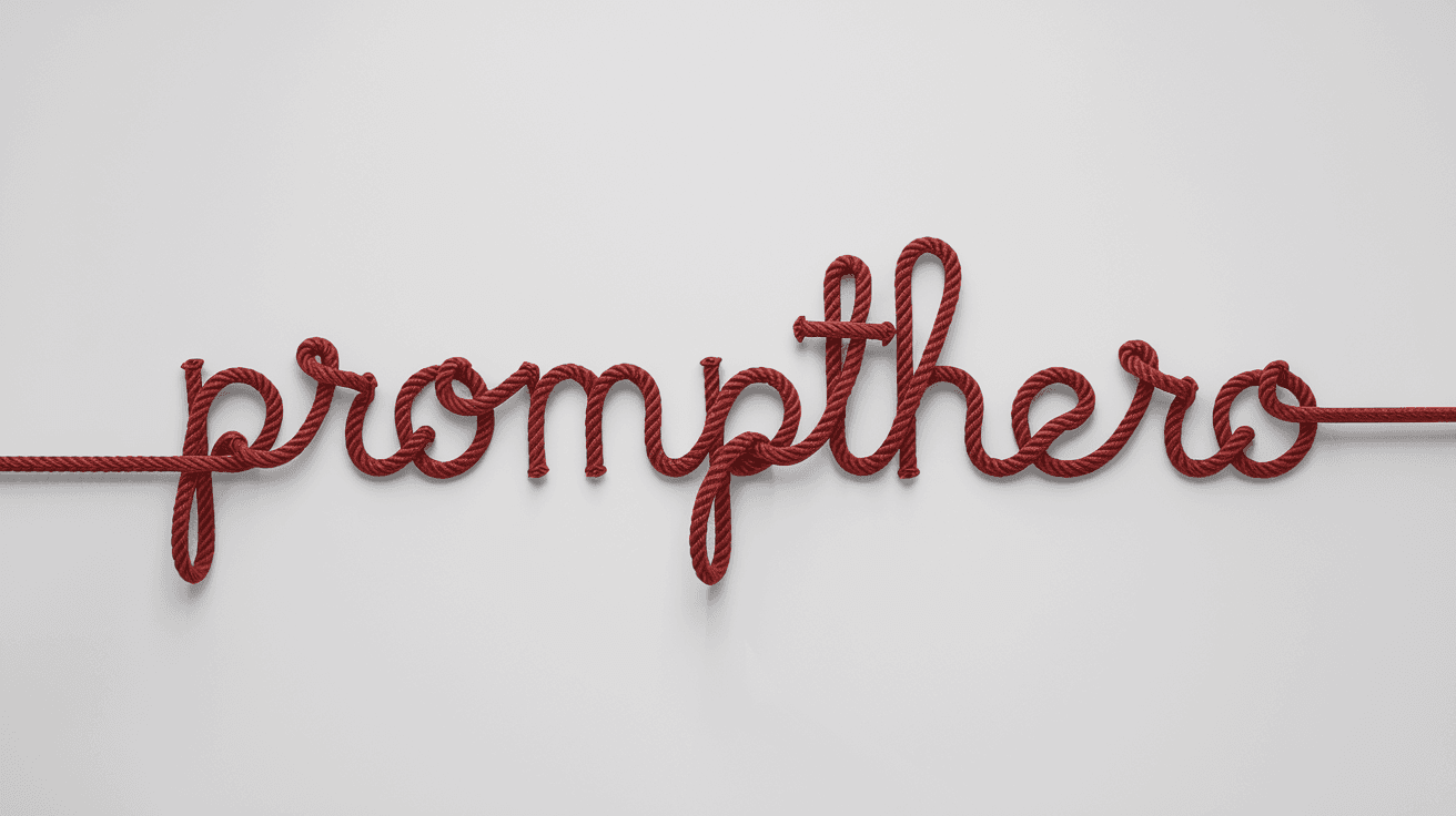 AI generated: A minimalist design of the word "PROMPTHERO" formed by a single piece of red rope against a white ba...