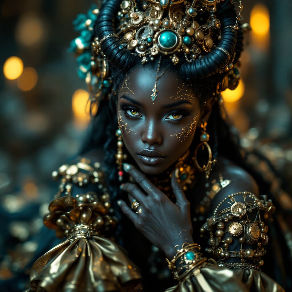 AI generated: A 3D image of a dark-skinned steampunk woman, inspired by the style of Bella Kotak. She is adorned i...