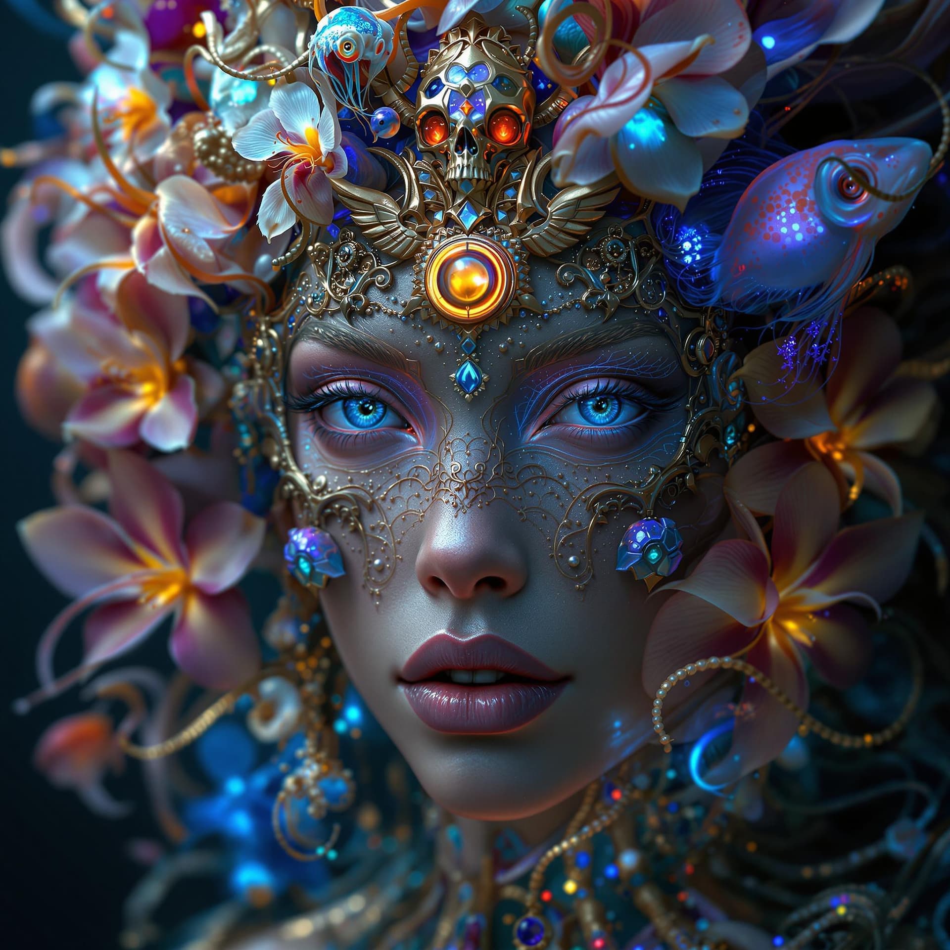 AI generated: Goddess close-up portrait ribcagel. jellyfish phoenix head, nautilus, orchid, skull, betta fish, bio...