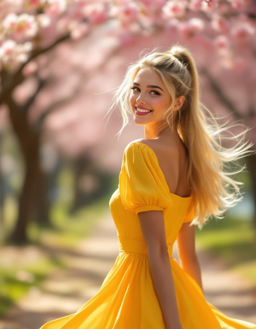 AI generated: Full-body digital portrait of a stunning young blonde woman twirling playfully in a vivid spring par...