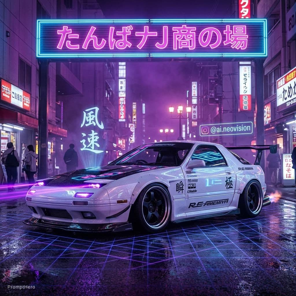 AI generated: Mazda RX-7 GT-X (FC) '90, white metallic paint, full custom widebody kit with forged carbon fiber ho...