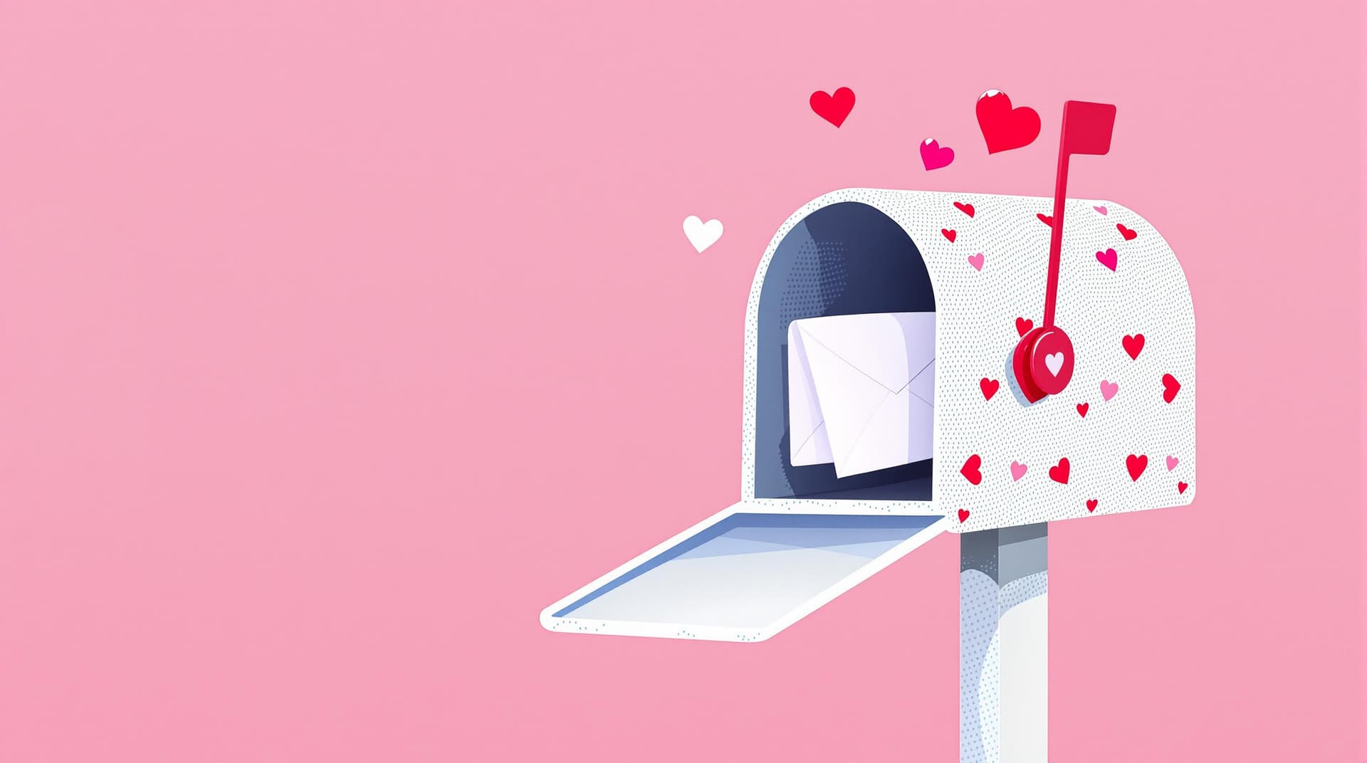 AI generated: Valentine's Day illustration, mailbox with heart pattern, hand placing love letter, pink background,...