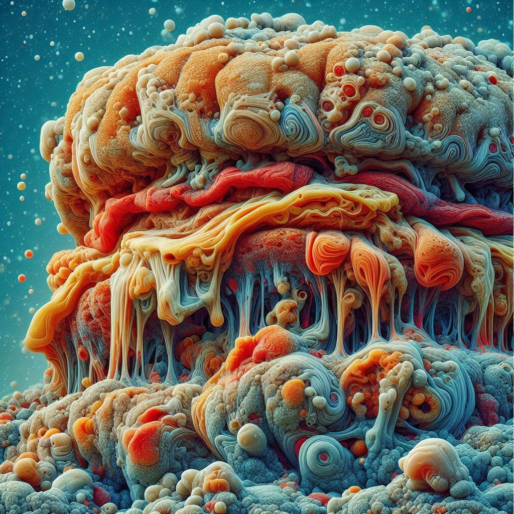 AI generated: Remnants of a decayed hamburger, slimy mold
