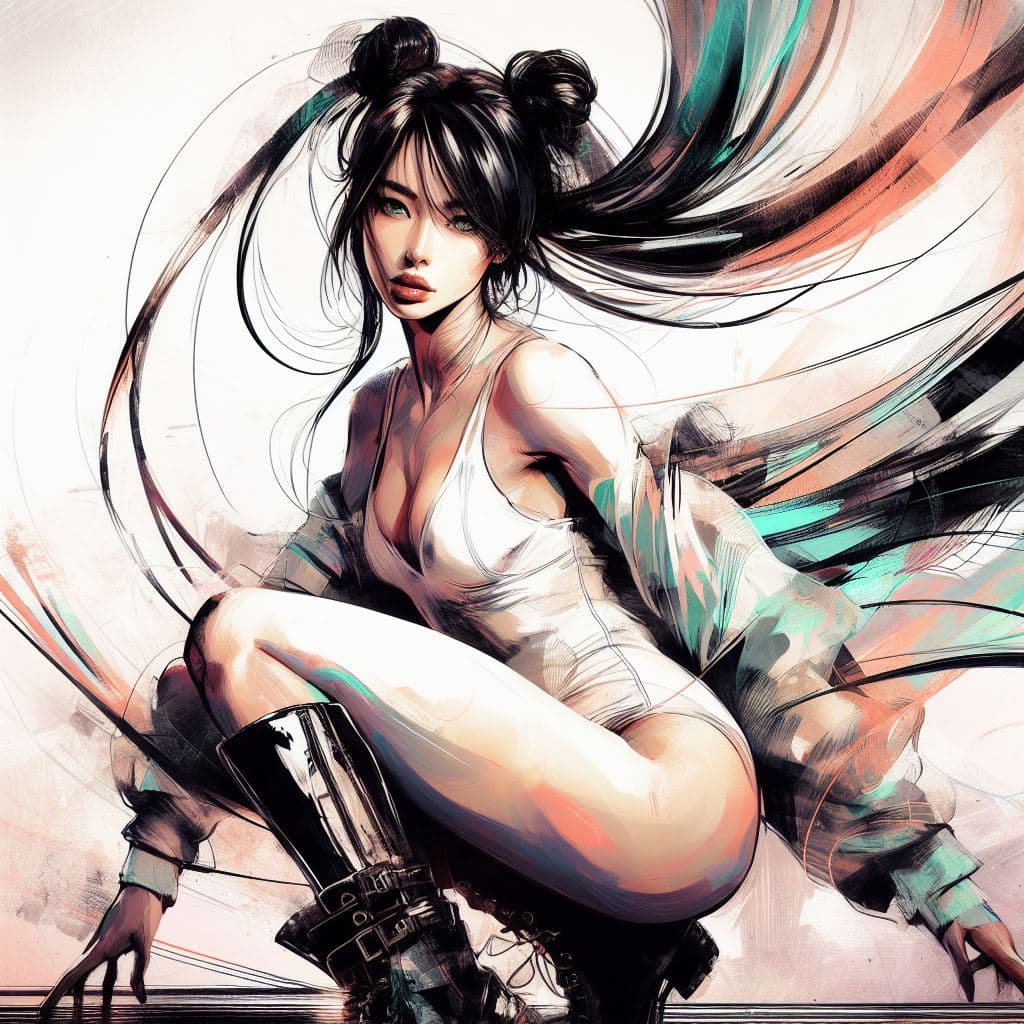 AI generated: aesthetic, painterly style, modern ink, beautiful japanese woman, sensual, eye contact, dynamic pose...
