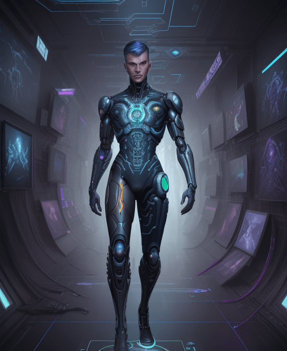 AI generated: a whirlwind inside the metaverse, guy, male, man, hologram, full body, neurochip, android, cyborg, c...