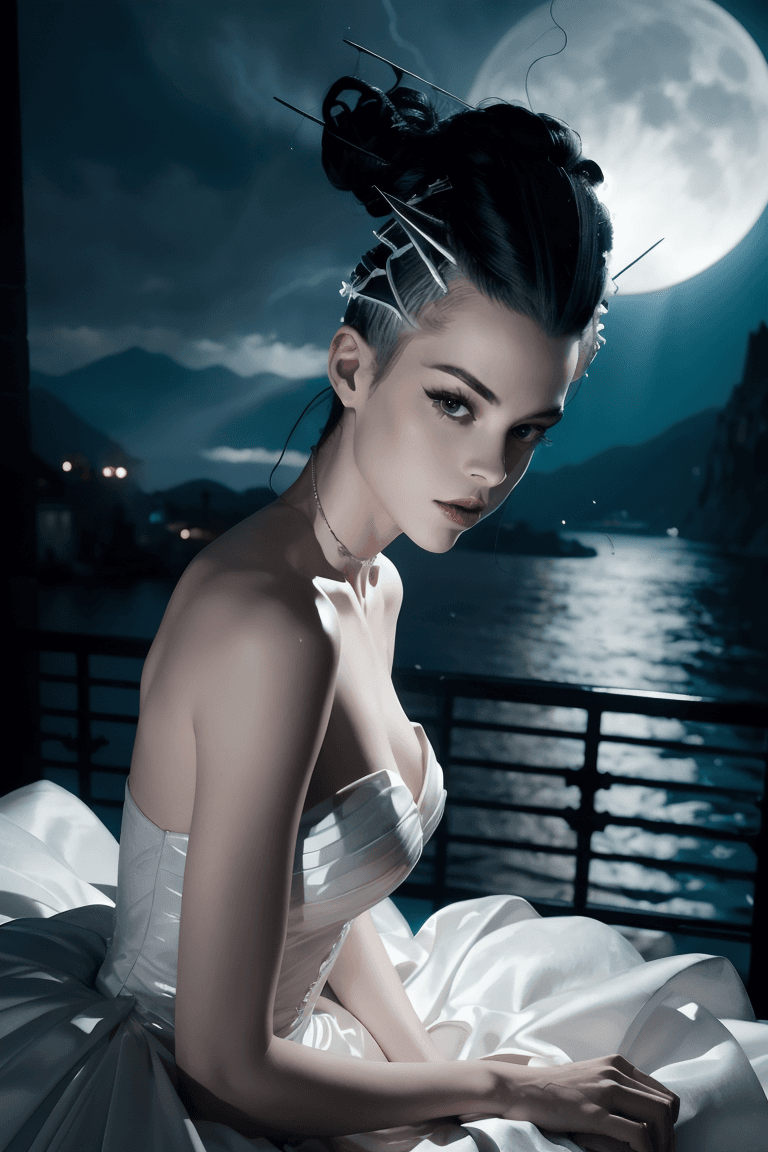 AI generated: (Bride of Frankenstein):1.5, night, moonlight, storm buffeted castle, lake como (((masterpiece:1 0))...