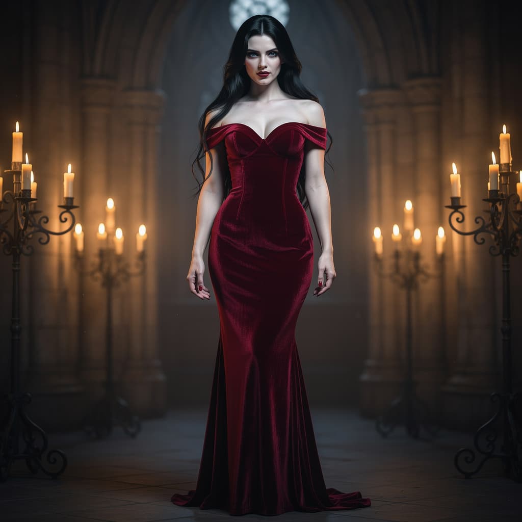 AI generated: A hyper-realistic full body view of a breathtakingly beautiful female vampire, shown in elegant huma...