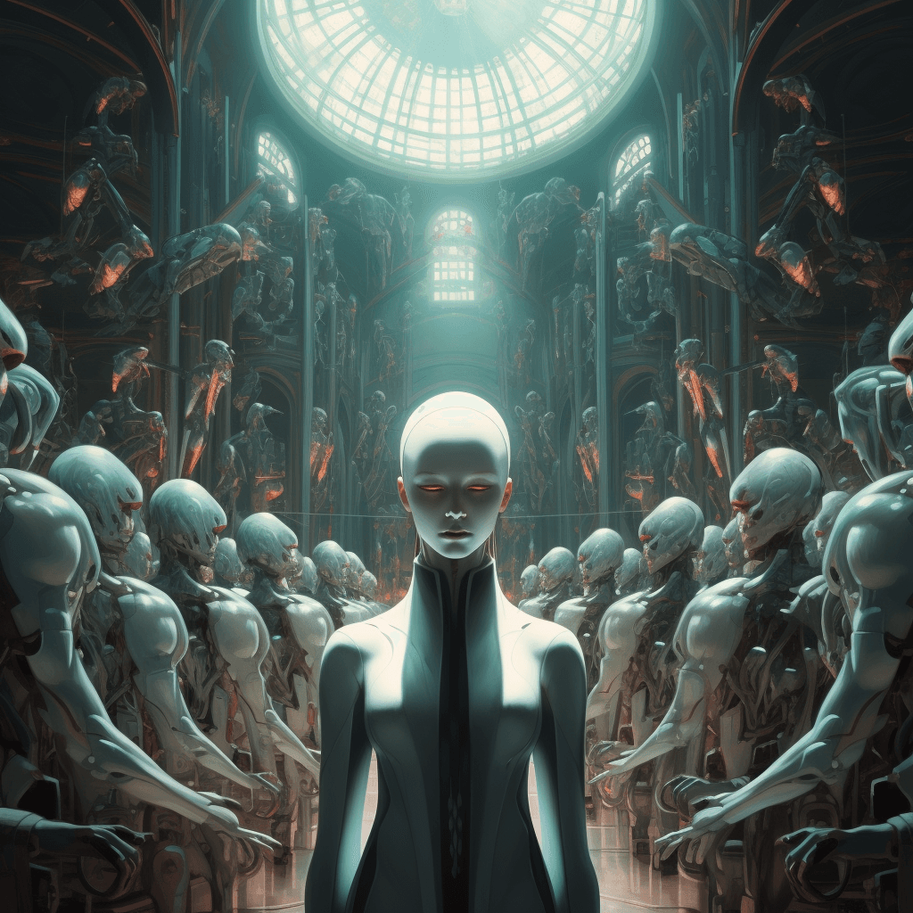 AI generated: Church of artificial intelligence, black atmosphere, made of neon, le petit death, spirit, Masterpie...
