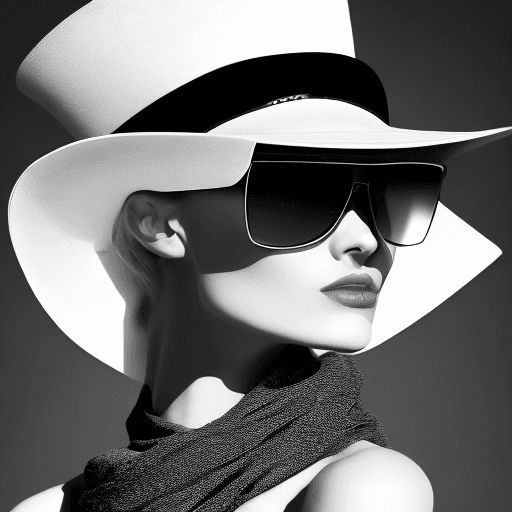 AI generated: a woman wearing black sunglasses and a hat, in the style of black and white imagery, vray tracing, t...