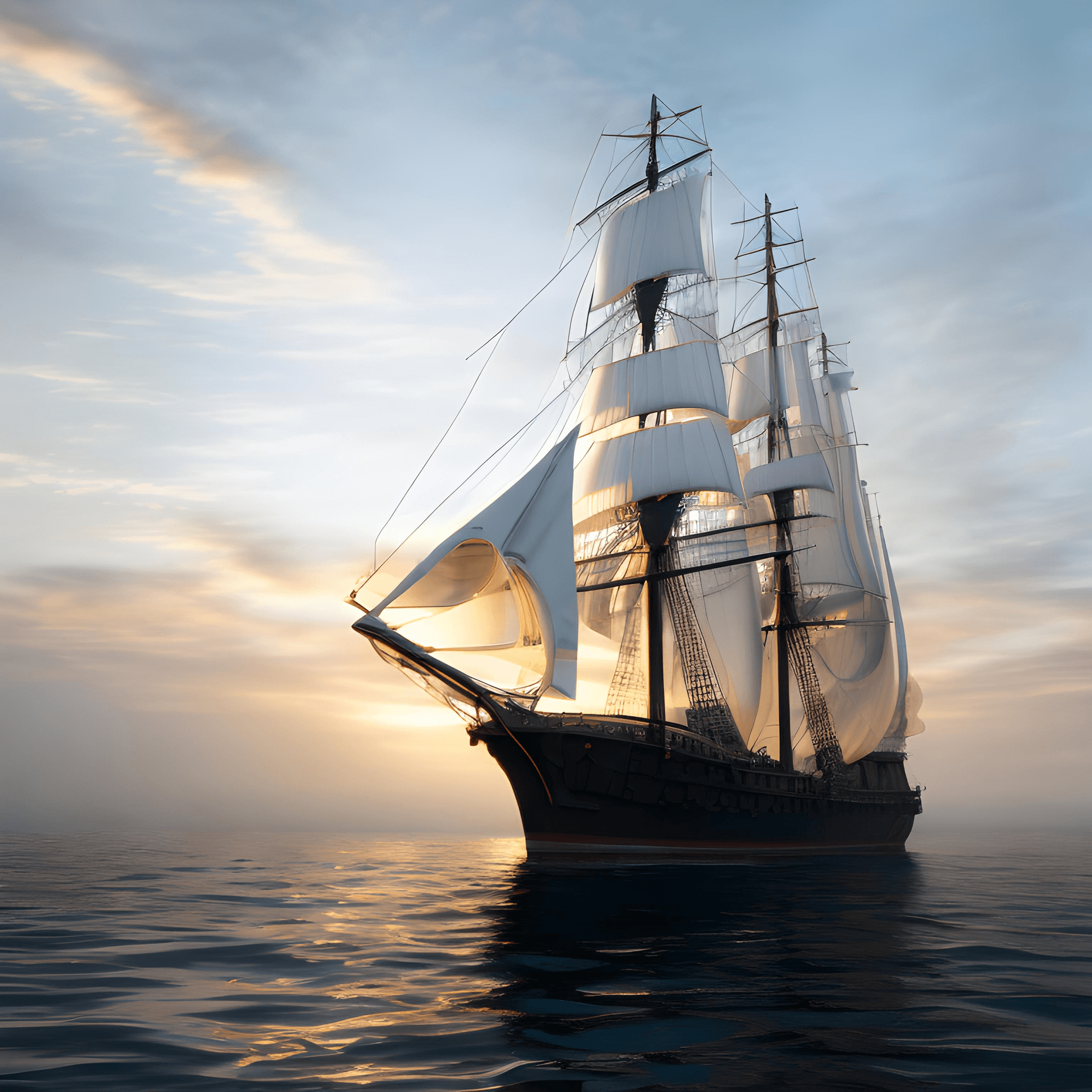 AI generated: Photo of an ultra realistic sailing ship, dramatic light, pale sunrise, cinematic lighting, low angl...