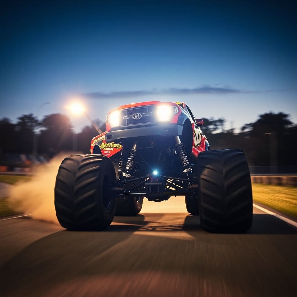 AI generated: photography, sports shooting, dynamic range, dynamic motion with Monster Truck driving towards camer...
