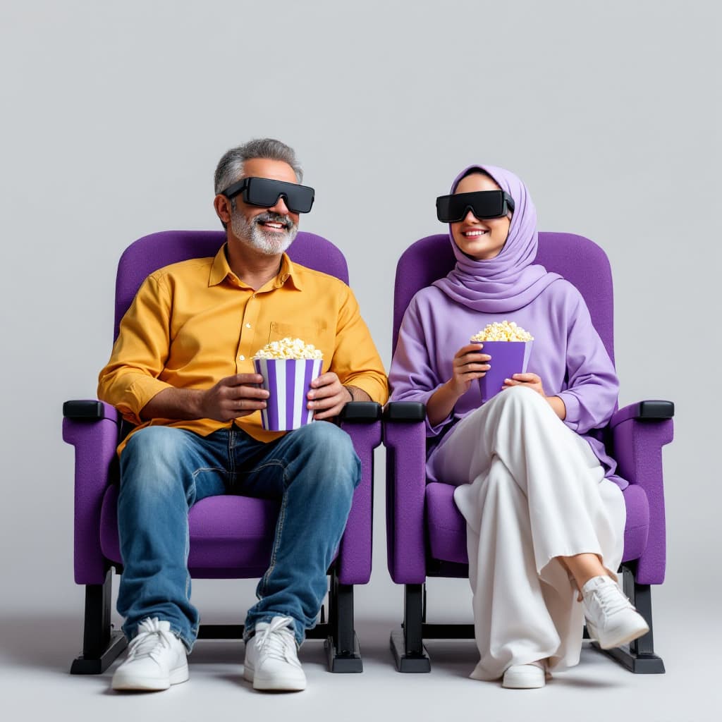 AI generated: super realistic photo of A Bahraini couple wearing black 3d cinema glasses, smiling, seating on two ...