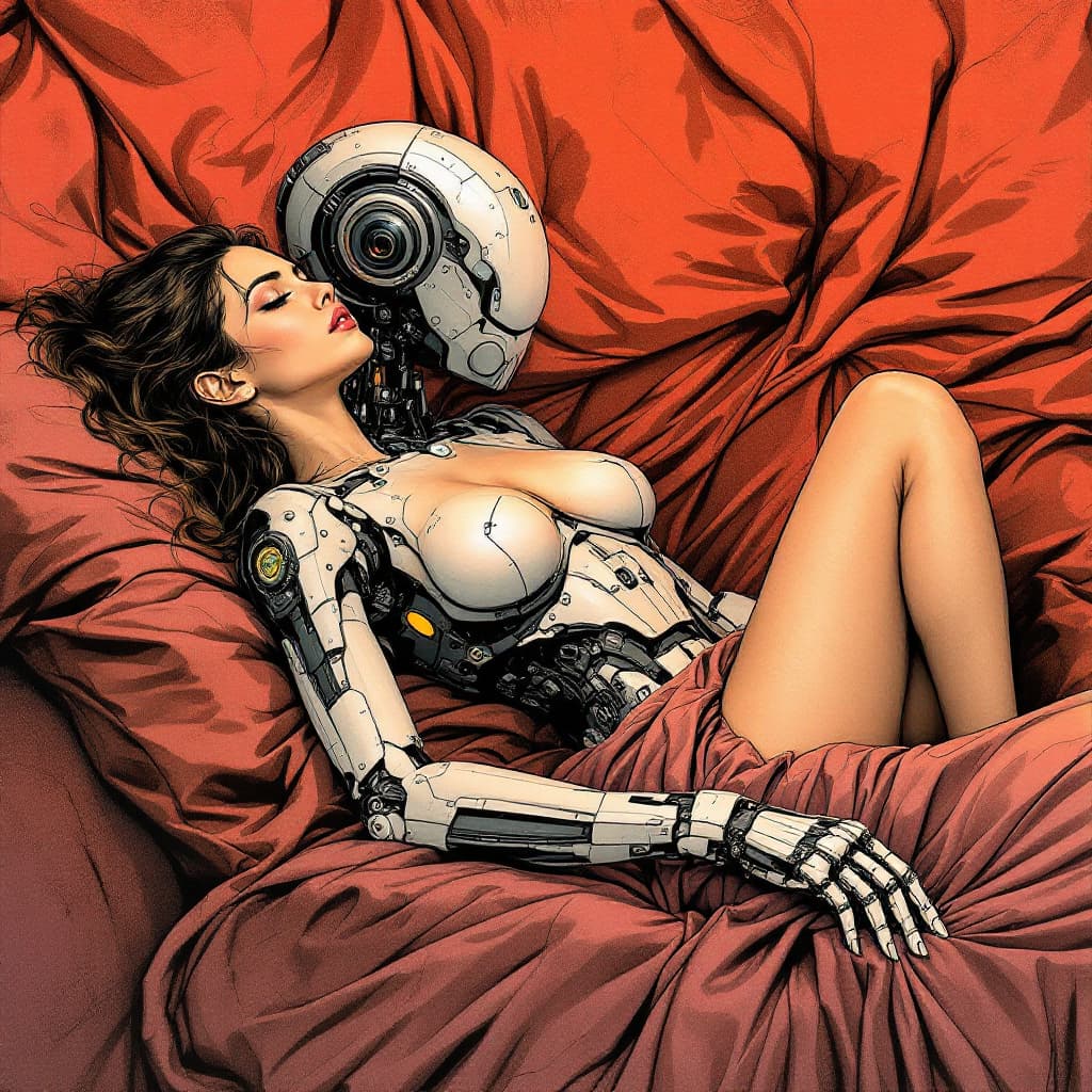 AI generated: Comic book cover illustration by Travis Charest style of 85 mm full body view, side view of a young ...