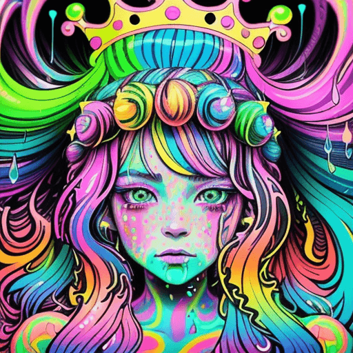 AI generated: a drawing of a girl with long hair and a crown on her head, dripping in neon paint, psychedelic aest...