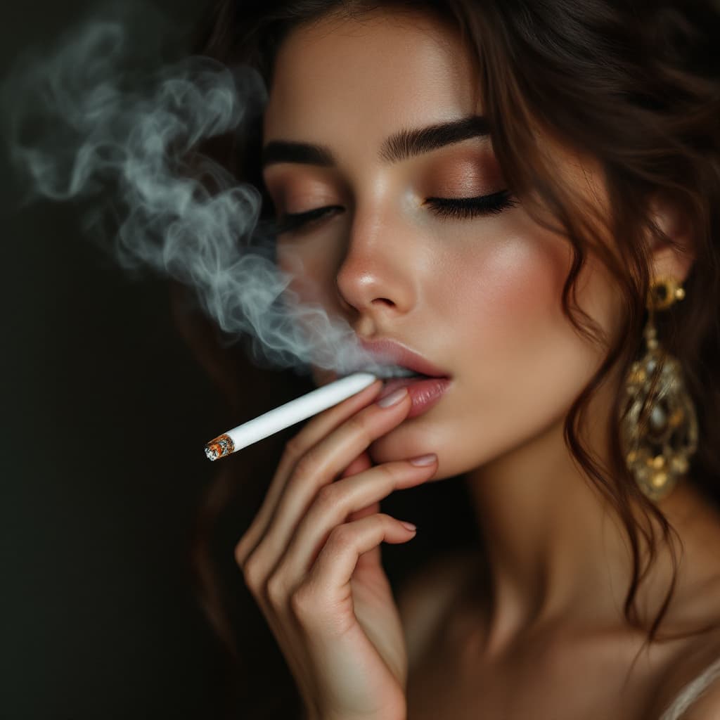AI generated: Woman smoking long tip cigarette, beautiful elegant blowing smoke out of her 
 nose

