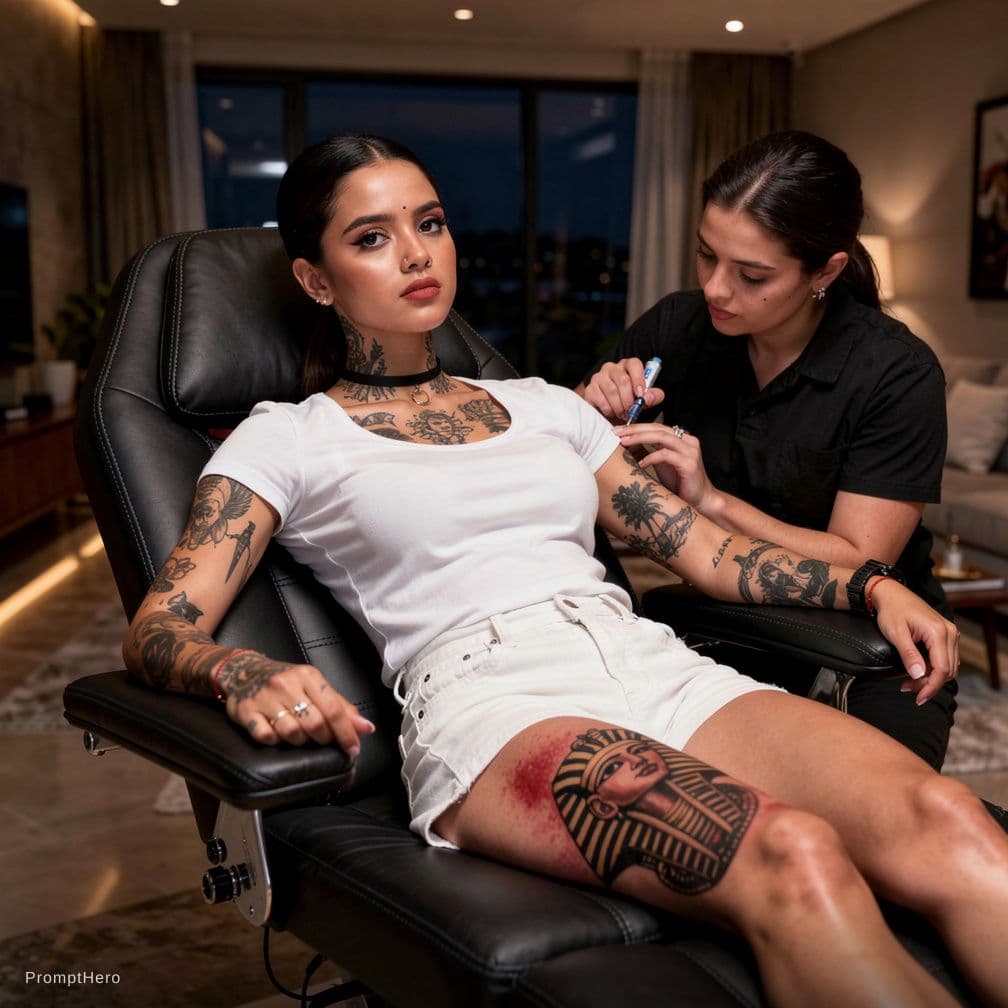 AI generated: A hyper-realistic cinematic 8K HDR lifestyle photo of a private home tattoo session in a stylish mod...
