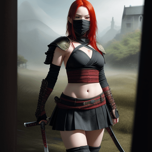 AI generated: Lowland girl, red hair, full body, looking at the camera, ninja samurai, photorealism, daylight, bea...