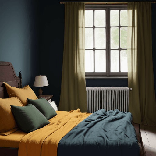 AI generated: Interior of a bedroom painted in Bauwerk Turmeric Colour and dark green linen curtains.  The style i...