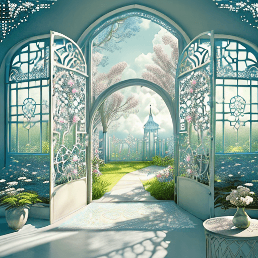 AI generated: High resolution interior design, dreamy view of the opened gates of paradise, openwork gate, fairy f...