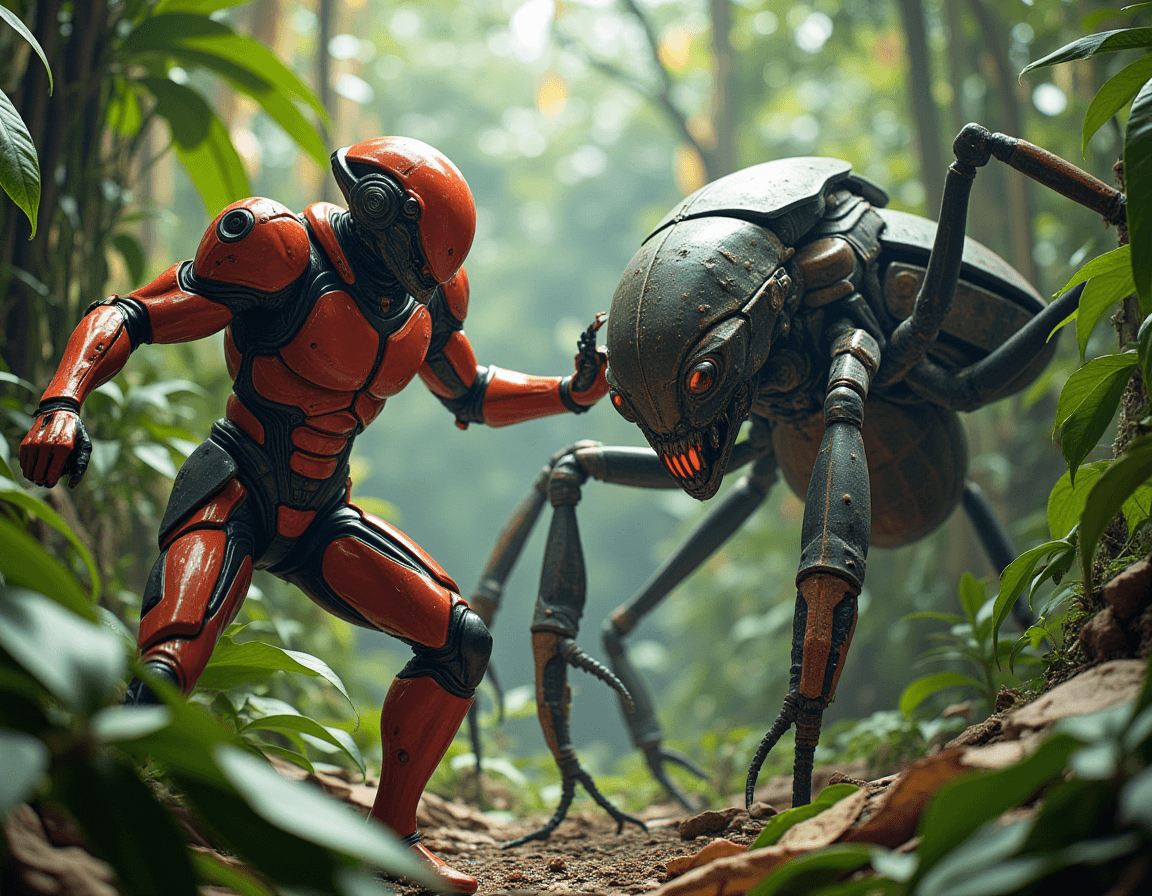 AI generated: A photorealistic, high-detail scene of an alien futuristic soldier inspired by a red ant, equipped w...