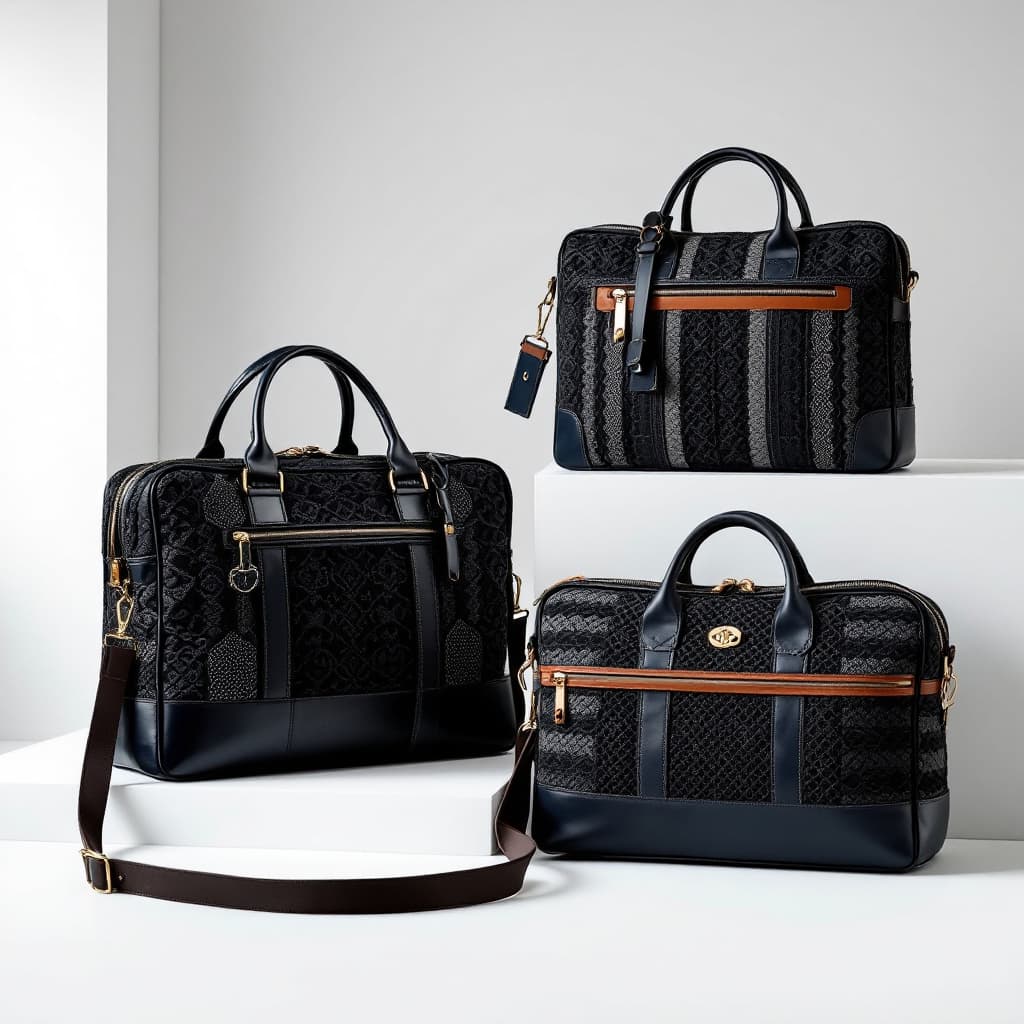 AI generated: "A collection of luxurious crochet bags designed exclusively for affluent men, combining elegance an...