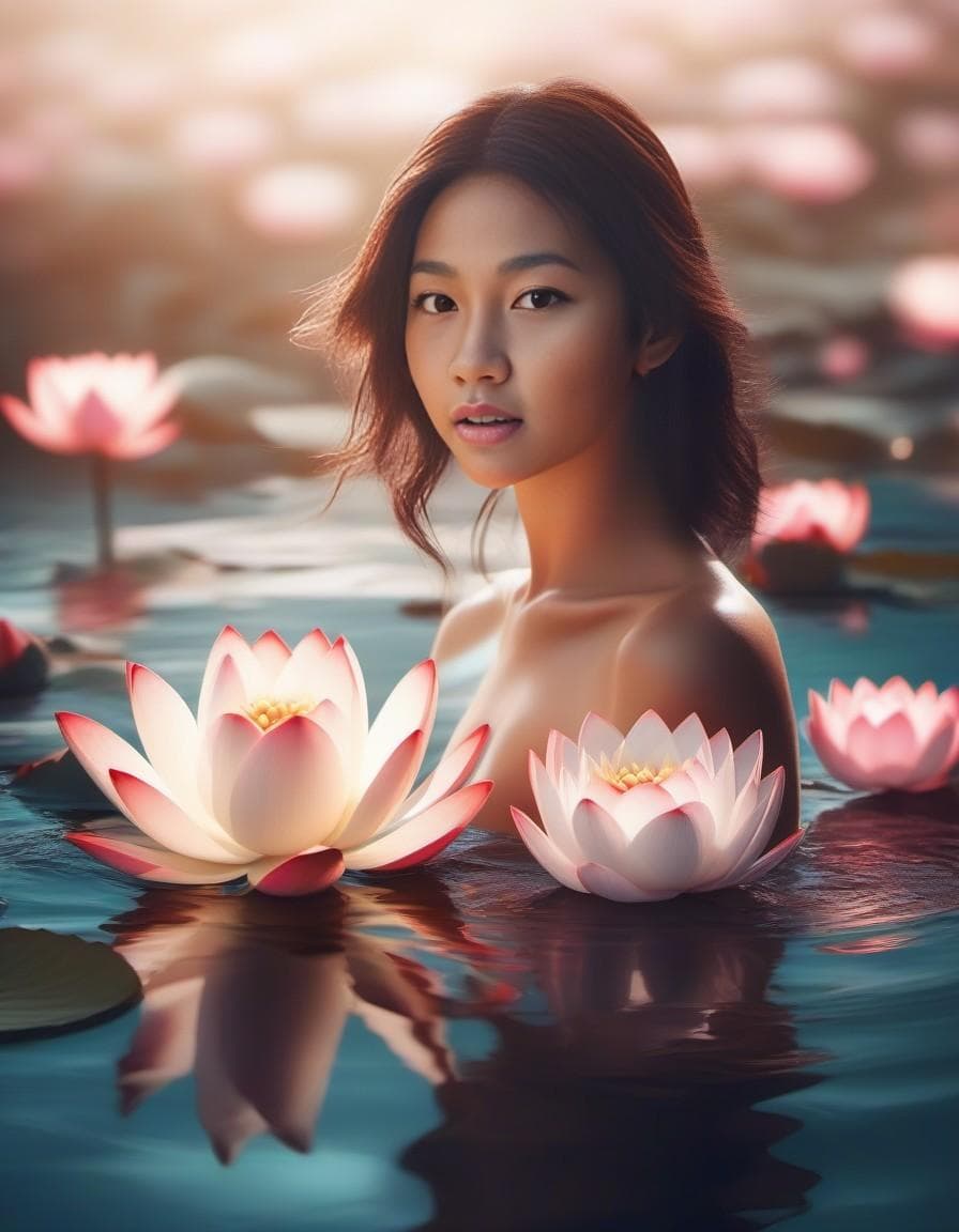 AI generated: A visual stunning photo of a woman bathing in a lake full of lotus flowers | centered| intricate| hi...