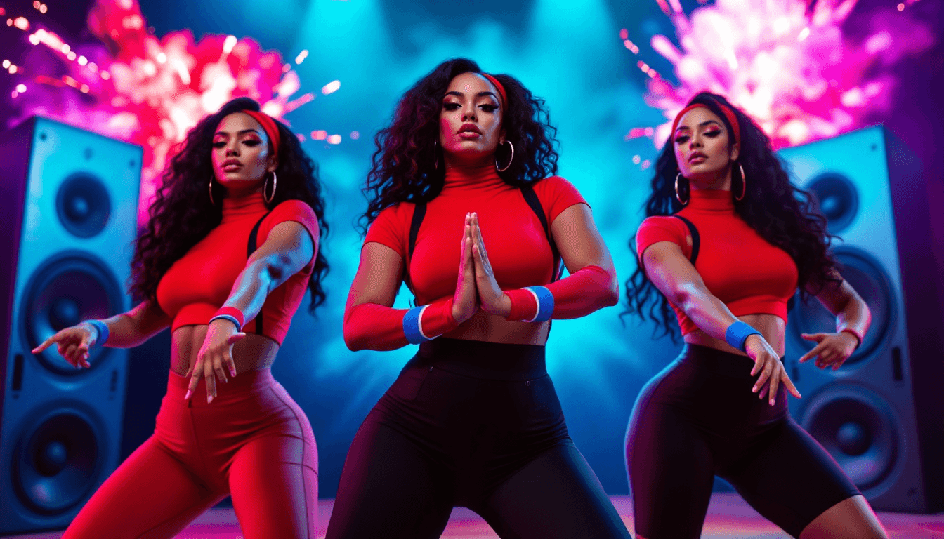 AI generated: Three stunning curvy women, mid-20s to early 30s,  displaying Latin American features,  pose in sync...