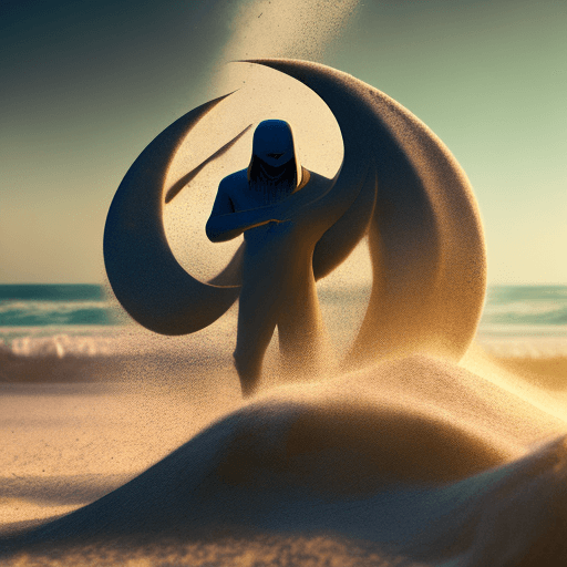 AI generated: /imagine prompt: color photo of "The Moon Knight dissolving into swirling sand, volumetric dust, cin...
