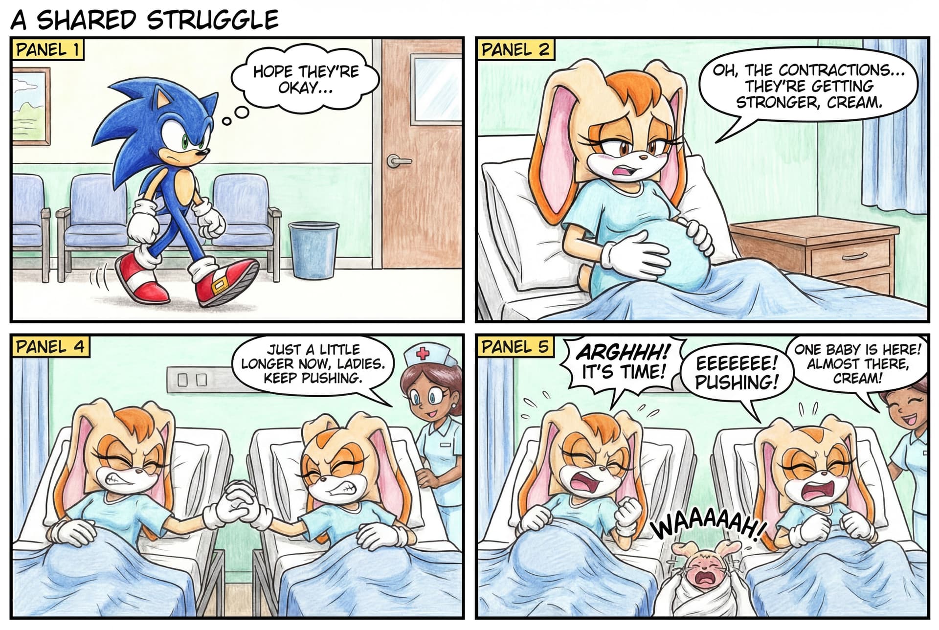 AI generated: Sonic the hedgehog Erotic comic, nude pregnant vanilla the rabbit and pregnant cream the rabbit is l...