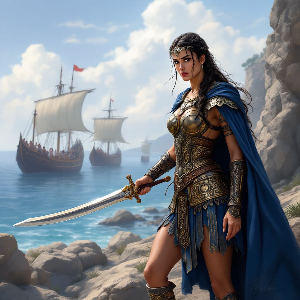 AI generated: a digital painting of Queen Teuta of Illyria stands on the rocky shore, watching Roman ships approac...