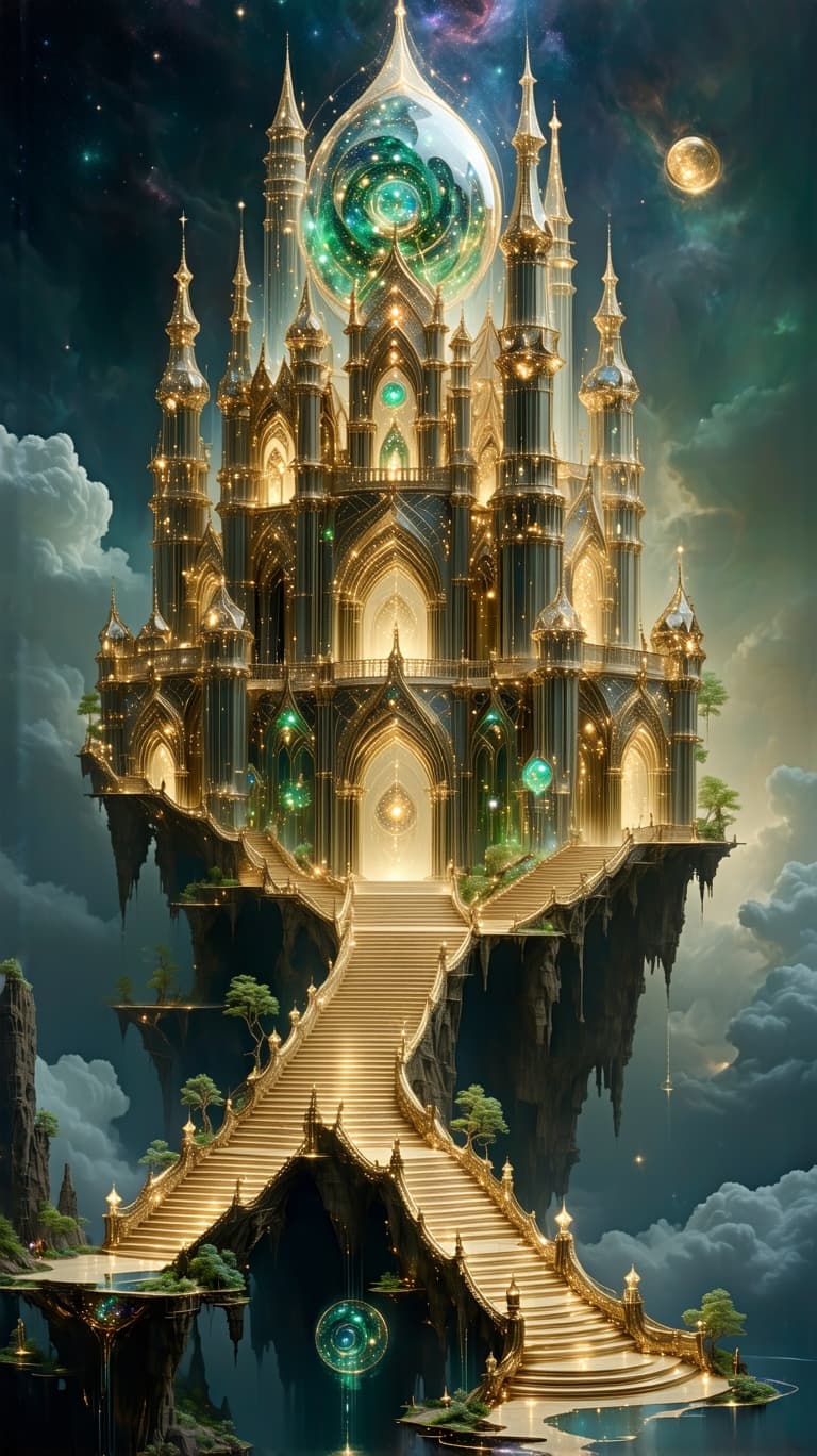 AI generated: A floating golden citadel, its towers formed from crystalline light, stands suspended in the cosmos....