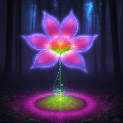 AI generated: psychedelic flower with lightful bubble bloom, standing in forest clearing, digital art