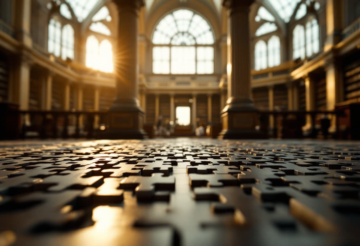 AI generated: A highly detailed cinematic shot capturing a puzzle in progress. The puzzle, set against the interio...