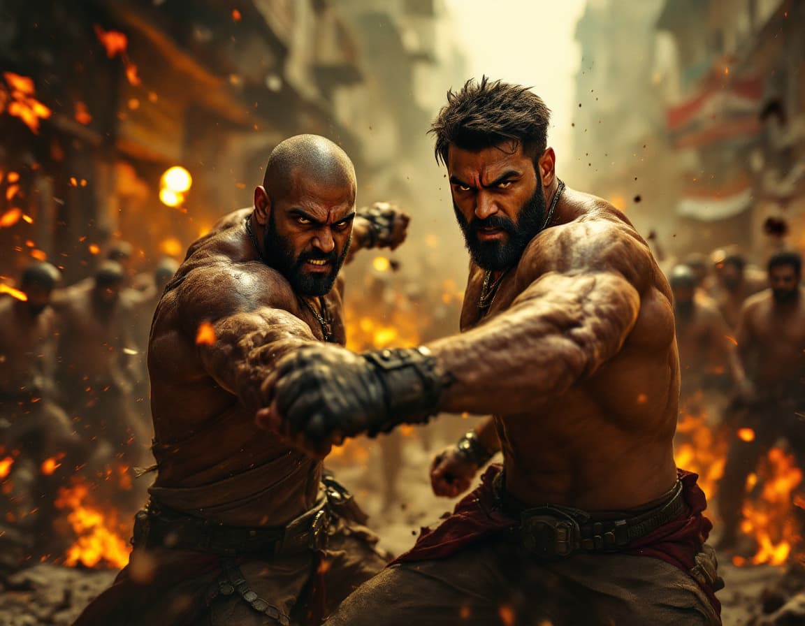 AI generated: In this high-intensity action scene, the central characters are strong, determined Indian men, each ...