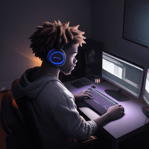 AI generated: photo of 18 year old african american coding, dramatic light, cinematic lighting, view behind high a...