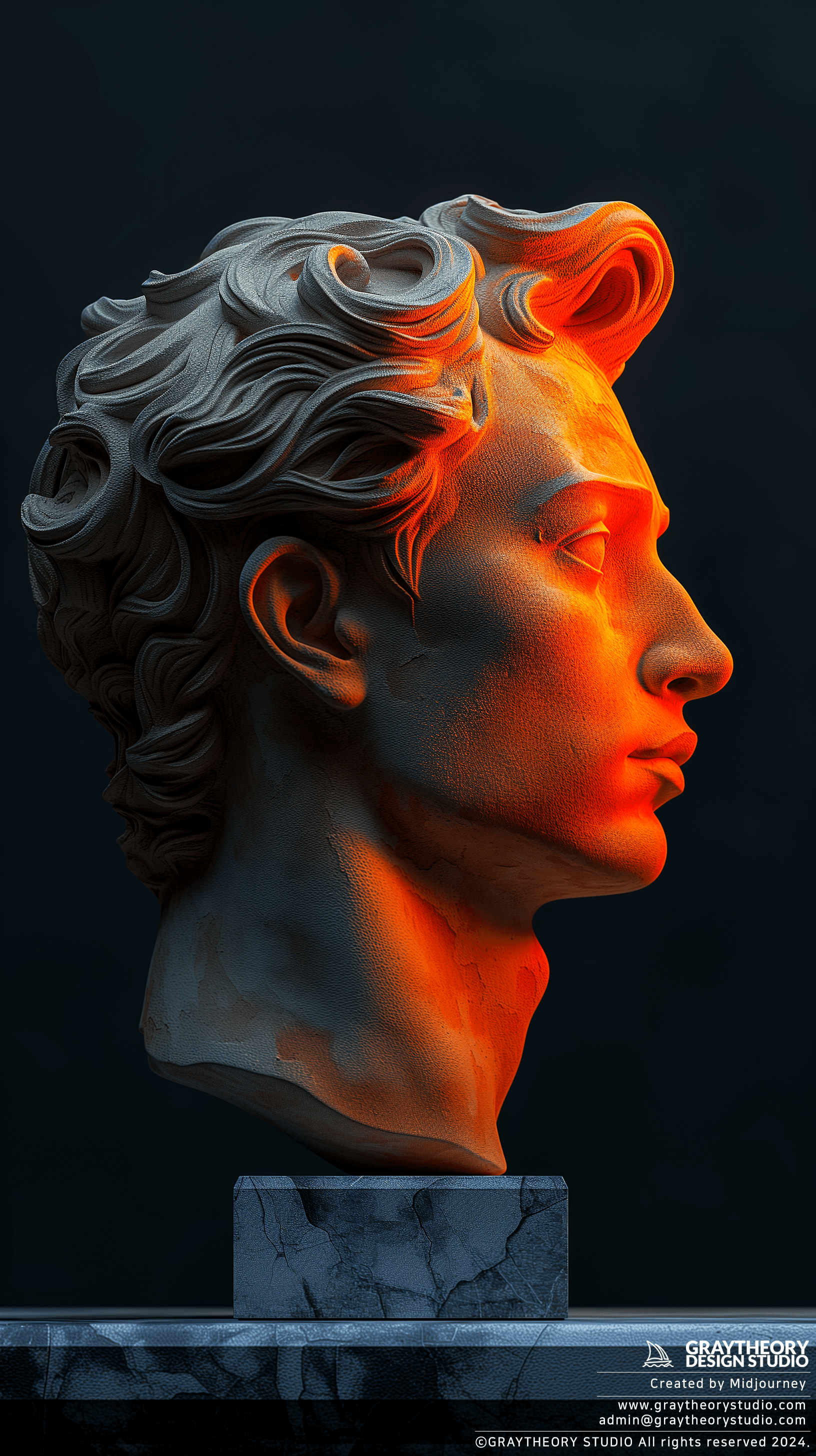 AI generated: 3d rendering, a plaster bust, side view, orange color sleek, solid black backdrop, studio lights --a...