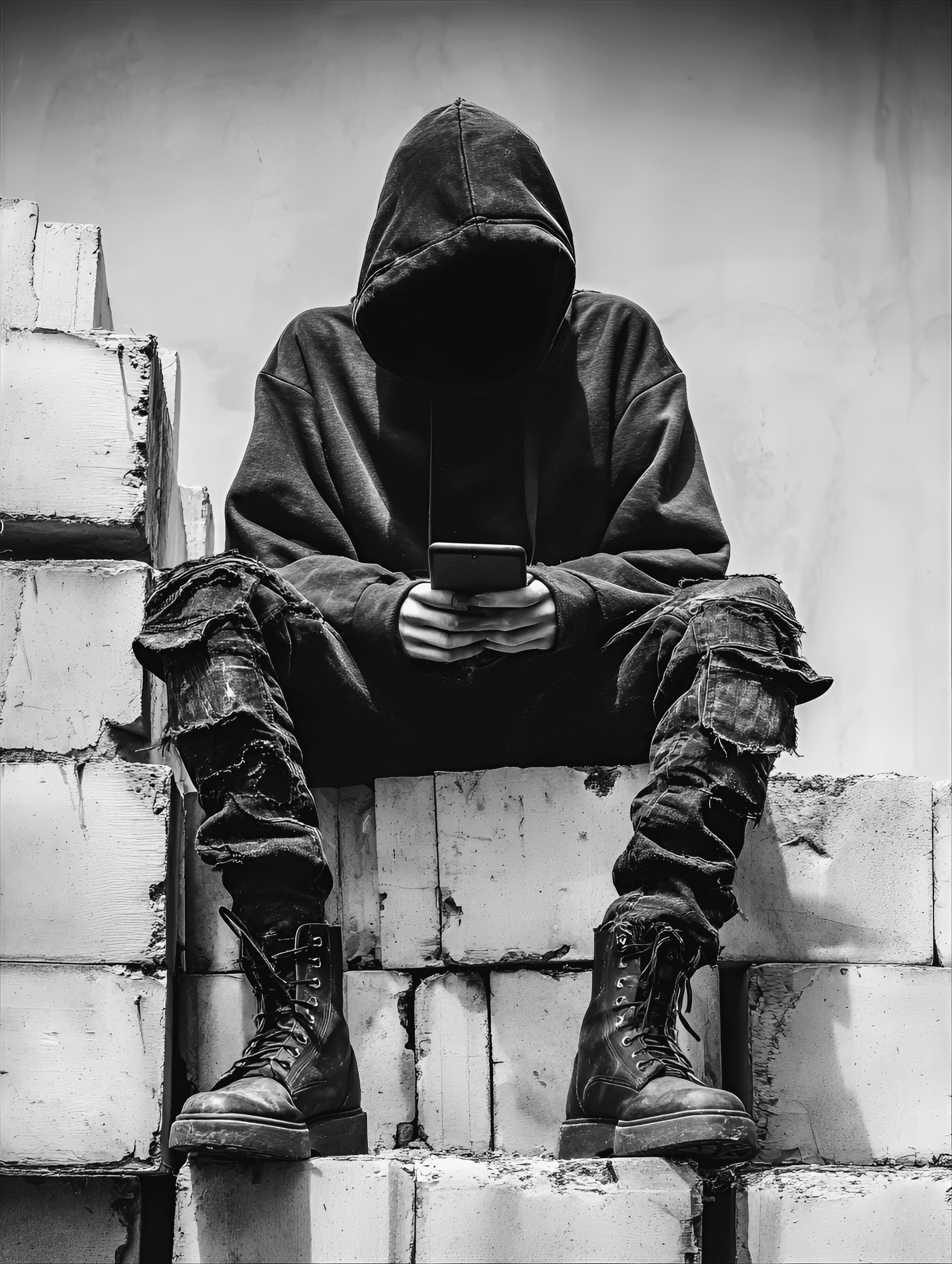AI generated: young adult, likely male, is seated on a series of stacked, weathered blocks.  The figure wears a da...