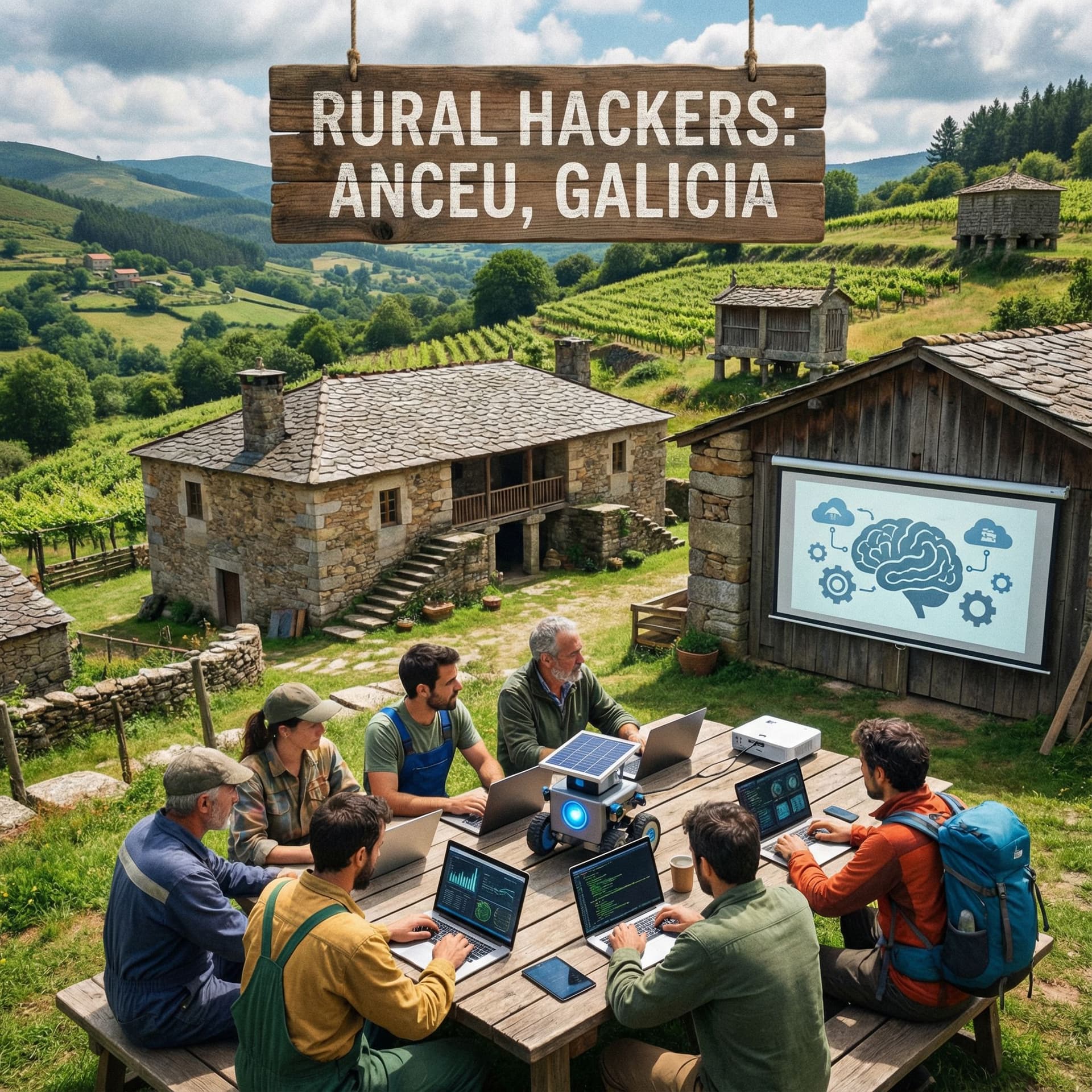 AI generated: Create an image for my project in Rural hackers which is a project in anceu, Galicia the main goal o...