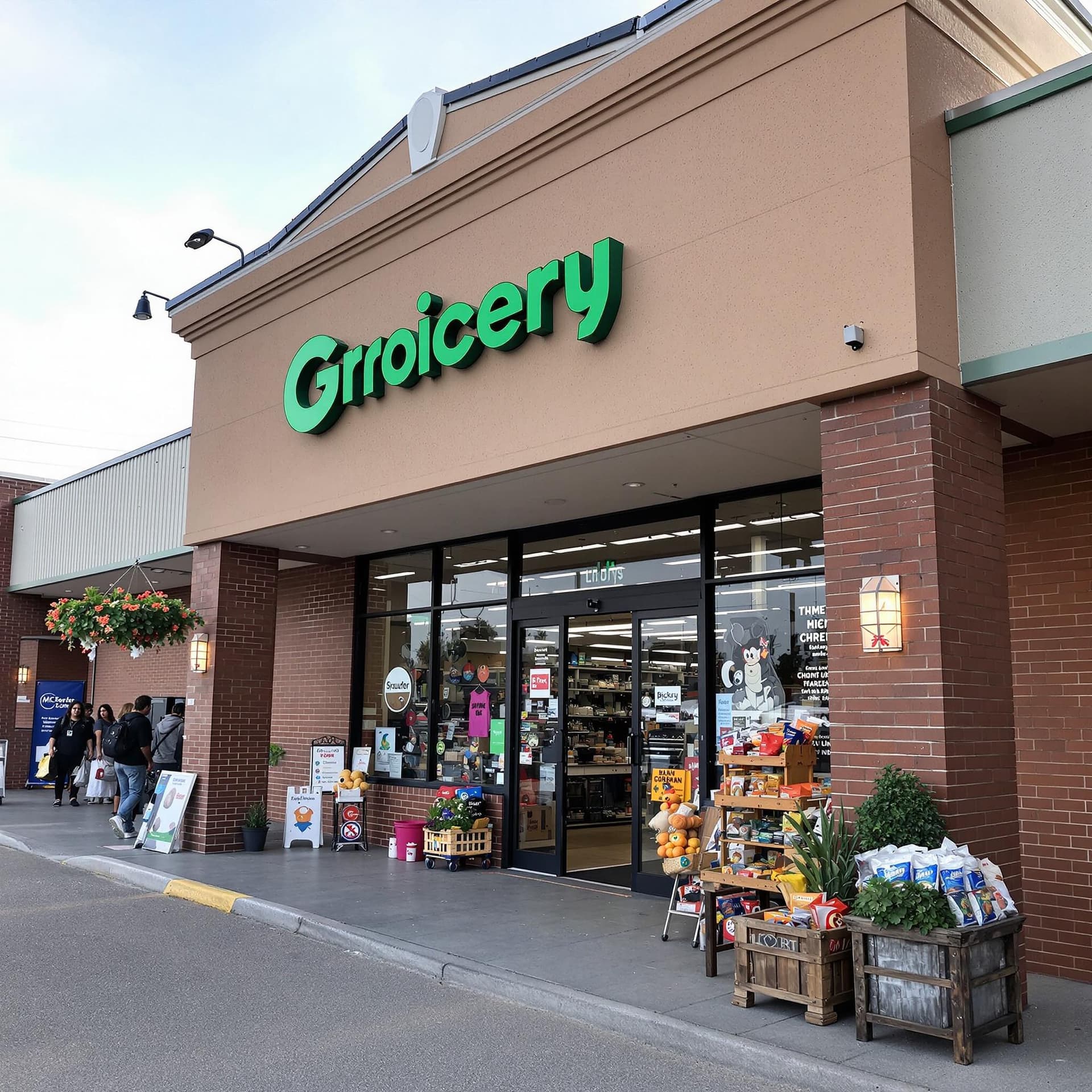 AI generated: The photo shows the entrance to a small grocery chain store.
No signs or store names



