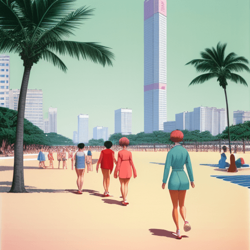 AI generated: Hiroshi Nagai art, 80s city pop, small people walking around the beach in the foreground, in the bac...