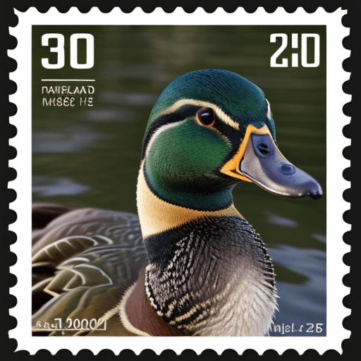 AI generated: Hyper realistic mallard duck holding square postage stamp in beak
