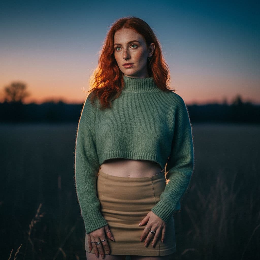 AI generated: Ultra-realistic twilight portrait of a red-haired woman with bright green eyes, freckles vivid under...