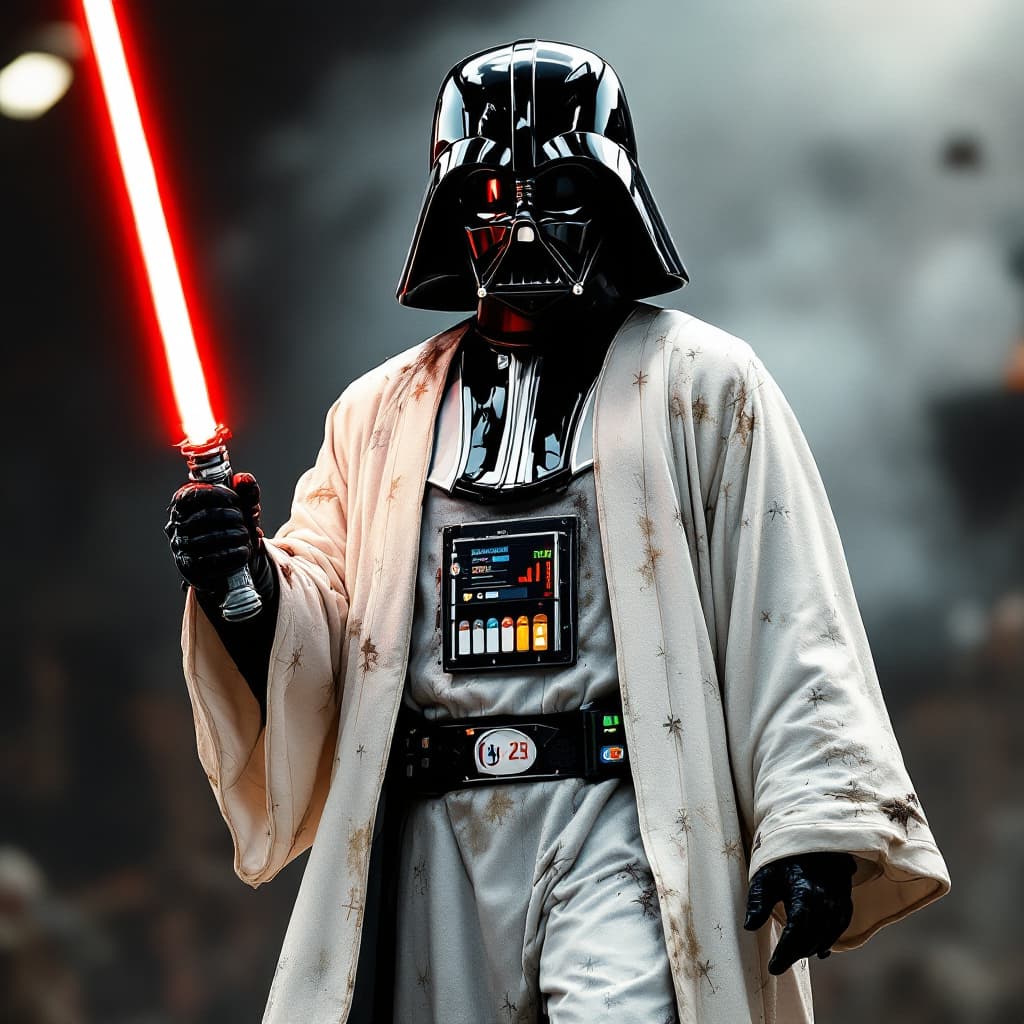 AI generated: Earth Vader in ny knicks jersey wearing a white robe black and white